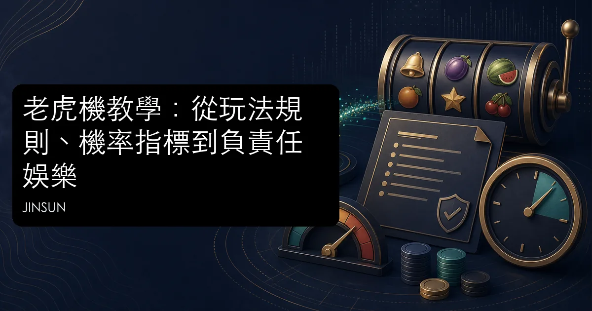 老虎機教學主視覺,以抽象轉軸、規則文件與預算計時圖示呈現玩法及風險管理