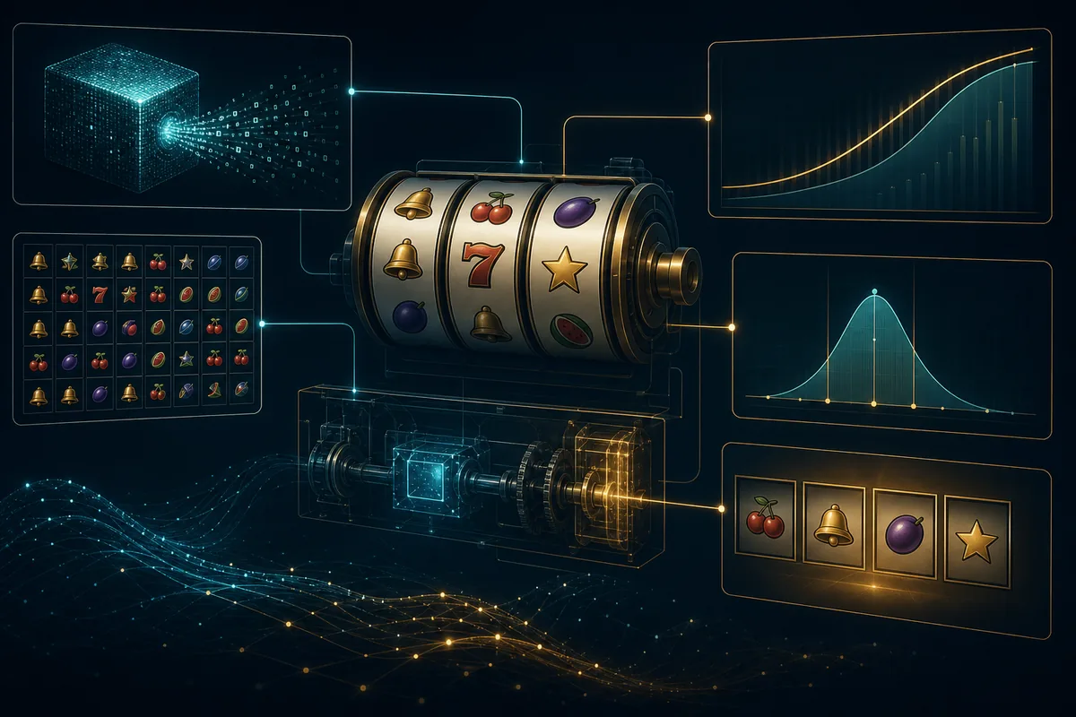 RNG、RTP、波動率與單次結果的概念比較圖